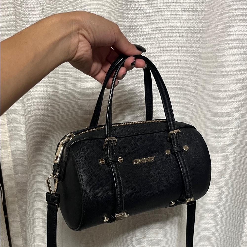 DKNY Black Leather Mini Barrel Satchel with Gold Hardware